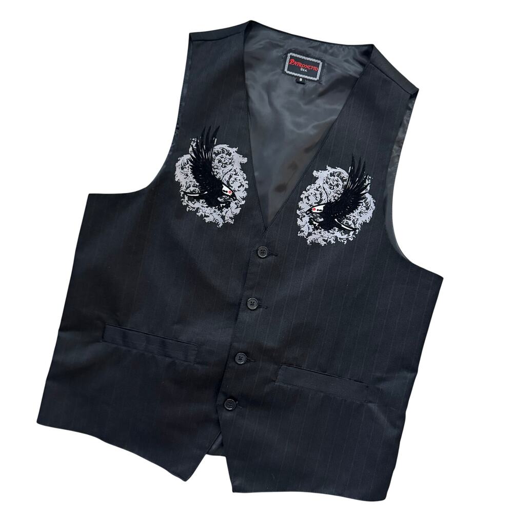 Y2K Patroncito Gothic Vest Black Eagle Graphic Western Pinstripe Mens Small